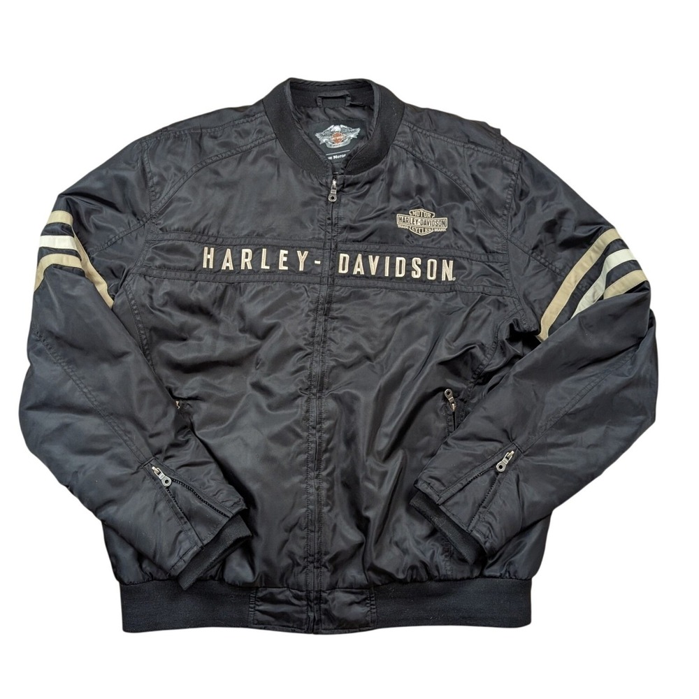 Harley-Davidson Mens Black Nylon Quilted Bomber Jacket XL Embroidered Logo